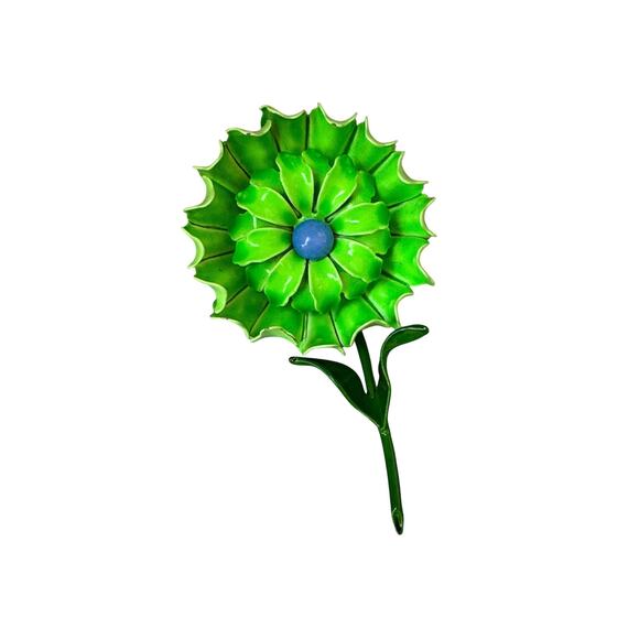 Vintage Green Enamel Flower Brooch | 60s Statement Pin - Picture 1 of 3